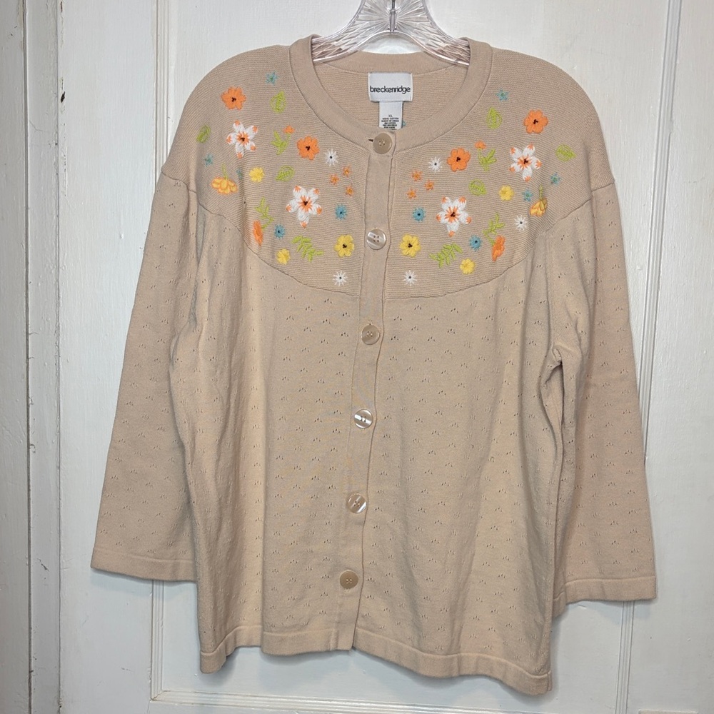 Breckenridge Beige Cardigan Sweater Embroidered Floral Cotton Cottage Core Sz XL